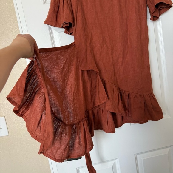 Linen Handmade Studio Tobacco Burnt Orange Cheryl Ruffle Wrap Mini Dress Size 6 - Picture 3 of 13